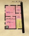 Grundriss des ''II. Stocks'' (tatsächlich wohl Erdgeschosses) für einen Plan zur Aufteilung des Hauses zwischen den beiden Besitzern Jakob Ickert (rot) und Jakob Schuhmann (grün), 1887 (gelb: gemeinsamer Besitz)  (StadtA Schwäb. Hall 19/1052, Beil. 35)