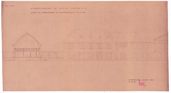 Plan des Stadtbaumeisters Benz zu einer (nicht durchgeführten) Erweiterung des „Alten Solbads“, 1936 (StadtA Schwäb. Hall S06/P1606)