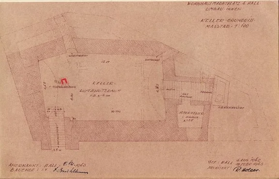 Grundriss des Kellergeschosses zu Umbauten von 1942-1943 (Baurechtsamt SHA, Bauakten)