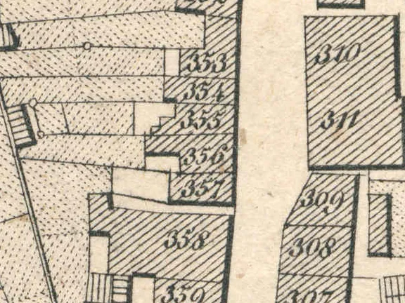 Ausschnitt aus dem Primärkataster von 1827. Das Haus hat die Nummer 355 (StadtA SHA S13/686)