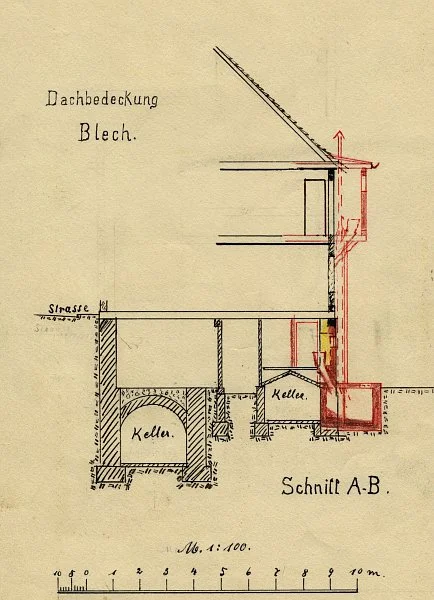 Schnittzeichnung durch das Haus zum Anbau eines Aborterkers auf der Hausrückseite, 1911. Deutlich zu erkennen ist der Unterschied im Bodenniveau zwischen der Heimbacher Gasse und dem rückseitigen Garten (StadtA Schwäb. Hall 27/0454)