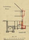 Schnittzeichnung durch das Haus zum Anbau eines Aborterkers auf der Hausrückseite, 1911. Deutlich zu erkennen ist der Unterschied im Bodenniveau zwischen der Heimbacher Gasse und dem rückseitigen Garten (StadtA Schwäb. Hall 27/0454)