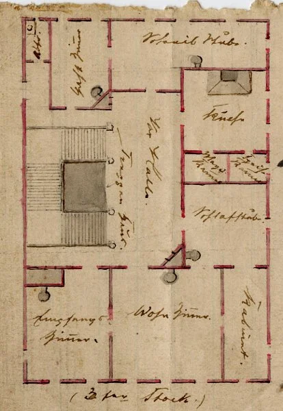 Grundriss der elterlichen Wohnung im dritten Stock, ebenfalls von Carl Stock 1871 in Australien angefertigt (StadtA Schwäb. Hall R60/30)