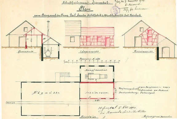 Ansichten, Schnitte und Grundrisse zur Erstellung eines Anbaus an die  Sägerei, 1902 (StadtA Schwäb. Hall 27/515)
