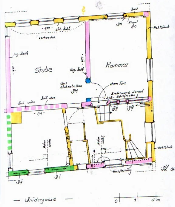 Baualtersplan des  1. Stocks. Plan: Burghard Lohrum (StadtA SHA Server Häuserlexikon)