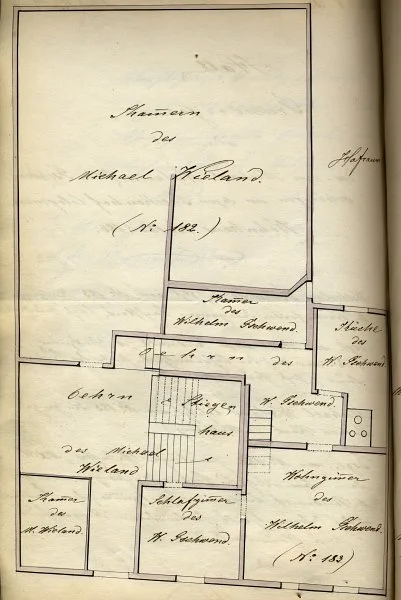 Grundriss angeblich des 2. Stocks (tatsächlich des Erdgeschosses) der beiden zusammengebauten Häuser PKN 182 (Keckenhof 5) und 183  (Keckenhof 4) auf einem Teilungsplan der Hausbesitzer Wilhelm Gschwend und Michael Wieland, 1874 (StadtA SHA  19/1068, Nr. 59)