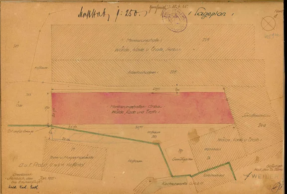 Lageplan zum Bau einer „Montierungshalle“, 1925 (Baurechtsamt Schwäb. Hall, Bauakten Mühlweg 3a)
