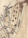 Ausschnitt aus dem Salinenplan von 1804, der Verlauf des Stollens ist gestrichtelt eingezeichnet, das Mühlrad der „Wasserkunst“ ist erkennbar (StadtA Schwäb. Hall 16/65)