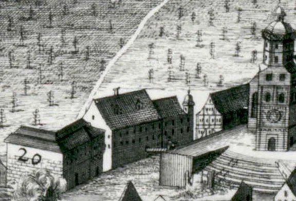 Nach dem Stadtbrand von 1728. Auch hier ist noch eine zum Vorplatz von St. Michael führende Brücke zu erkennen. Ausschnitt aus dem Kupferstich von A. Nunzer nach J. P. Meyer (StadtA Schwäb. Hall  FS 36334)