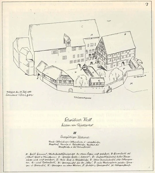 Vorschlag von Eduard Krüger für die Neugestaltung des heutigen „Adelshofs“, 1937. Nur kleinere Elemente des aufwendigen Abbruch- und Umbauvorhabens konnten umgesetzt werden. Aus: W. Hommel (Hrsg.): Schwäbisch Hall. Ein Buch aus der Heimat, Schwäbisch Hall 1937, S. 17