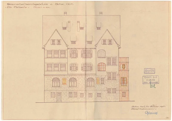 Ansicht der Ostseite (Gartenseite) aus den Plänen für Umbauten, 1942 (StadtA Schwäb. Hall 27/0527)