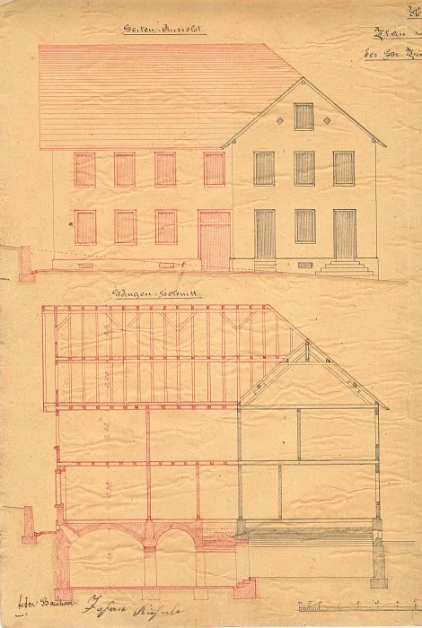 Seitliche Ansicht und Längsschnitt zur Erweiterung des Wirtschafts- und Wohngebäudes durch Heinrich Weber, 1878 (Baurechtsamt SHA, Bauakten Langer Graben 13 und 13/1)