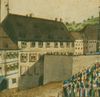 Ausschnitt aus einer kolorierten Zeichnung der Einholung des ersten Erntewagens nach der Hungersnot 1816/17 (StadtA Schwäb. Hall  S10/0713)