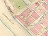 Entwurf zum Wasserleitungsplan von 1740. An den Turm wurde mittlerweile der „Marstall“ angebaut (StadtA Schwäb. Hall 4/1136a)