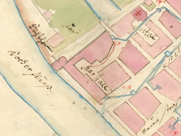 Entwurf zum Wasserleitungsplan von 1740. An den Turm wurde mittlerweile der „Marstall“ angebaut (StadtA Schwäb. Hall 4/1136a)
