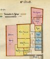 Grundriss des 2. Stocks in einem Teilungsplan der Hausbesitzer Maler Föll (rot), Christian Kautter (blau), Schuhmacher Däuber (gelb), Witwe Engel (grün) und Käsehändler Christian Philipp (braun), 1867. Gemeinschaftlicher Besitz ist weiß (StadtA SHA  19/1064 Beil. 1)