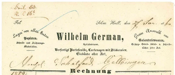 Briefkopf einer Rechnung der Buchbinderei und Buchhandlung von Wilhelm German sen. von 1861 (StadtA Schwäb. Hall 61/1165)
