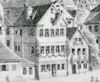 Ausschnitt aus einer Darstellung der Fahnenweihe der Schwäbisch Haller Bürgerwehr auf dem Haalplatz am 10. Juni 1849, zusammen mit dem Nachbarhaus Im Haal 3. Deutlich erkennbar ist die Beflaggung mit den revolutionären Farben schwarz-weiß-rot. Lithografie von W. Haaf (StadtA Schwäb. Hall FS 26933)