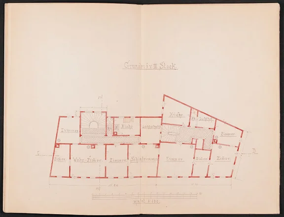 Geplanter Dritter Stock der Gebäude Neue Straße 10 und 12 mit den vorgesehenen Nutzungen, 1897. Tatsächlich umgesetzt wurde das Bauvorhaben nur für das Haus Nr. 12 (Stadt Schwäbisch Hall, Baurechtsamt, Bauakten Neue Straße 10)