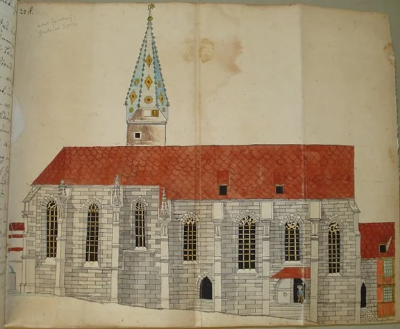 St. Maria am Schuppach.. Zeichnung aus der Chronik des Johann Marius Bühl, um 1820 (StadtA SHA HV HS 92)
