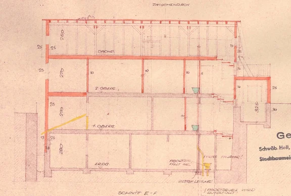 Aufstockung und Erweiterung des Hauses, 1953: Schnittzeichnung (Baurechtsamt SHA, Bauakten Bahnhofstraße 12)