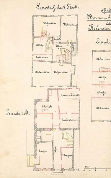 Grundrisse des 1. und 2. Stocks mit eingezeichneten Änderungen, 1874 (Baurechtsamt SHA)