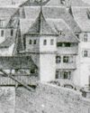 Ausschnitt aus einer Darstellung der Fahnenweihe der Schwäbisch Haller Bürgerwehr auf dem Haalplatz am 10. Juni 1849. Lithografie von W. Haaf (StadtA Schwäb. Hall FS 26933)