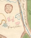 Auf einer Vorzeichnung für den Wasserleitungsplan von 1744. Gut erkennbar ist die „Laimen Gruben“, die Lehmgrube der Ziegelei. Letztere verfügte über einen eigenen Brunnen, der sich am heutigen Standort des Gutshauses befand (StadtA SHA 4/1136a)