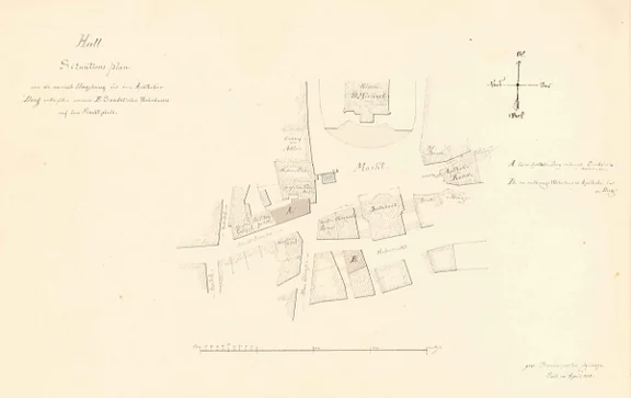 Lageplan der Haller Apotheken, der aus Anlass der Verlegung der Engelapotheke in die Marktstraße angefertigt wurde (Kreisarchiv SHA 1/1116)
