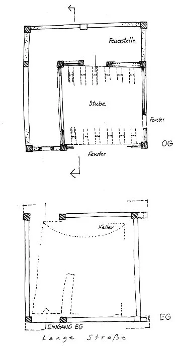 Rekonstruktionen des Erdgeschosses und Obergeschosses im ursprünglichen Bauzustand. Plan: Albrecht Bedal (StadtA Schwäb. Hall DIG 00050)
