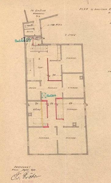 Grundriss zu Umbauten im 1. Stock, 1930 (Baurechtsamt Schwäb. Hall, Bauakten)