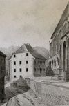 „Alte Lateinschule“. Aquarell von Friedrich Reik, undat., um 1877. Original: Hällisch-Fränkisches Museum, Inv.-Nr. 1987/0033-339 (StadtA Schwäb. Hall FS 00434)