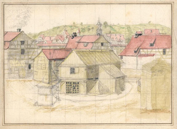 Blick über den Haal, in der Mitte das neue Brunnenbauwerk von 1754. Die Sole wurde nun durch Pumpen gefördert, die von einer „Wasserkunst“ auf dem Unterwöhrd angetrieben wurde. Gestänge übertrugen die Kraft von der Kocherinsel in das Bauwerk über dem Haalbrunnen. Im Hintergrund ist der überdachte Wehrgang der Stadtmauer (Haalmauer) zum Kocher hin erkennbar. Undatierte, kolorierte Bleistiftzeichung, 2. Hälfte 18. Jahrhundert (StadtA Schwäb. Hall HA A 329)