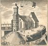 Ansicht der Michaelskirche von 1717, erschienen als Beilage zu einem Aufruf des Schwäbisch Haller Buchdruckers G. M. Mayer zur Unterstützung eines Bibeldrucks. Dargestellt sind auch die Ansätze der vom Kirchhof zu einigen Häusern am Markt führenden Brücken (StadtA Schwäb. Hall HV HS 88)