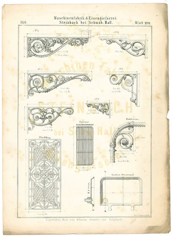 Fragment eines Produktkatalogs der Firma Waelde, Kade & Erath von 1870: „Blatt XVII“ zeigt Balkonkonsolen, eine Türfüllung, einen Fußabtreter, einen „Radabweiser“ für Hausecken u.ä. sowie ein Wasserbecken (StadtA Schwäb. Hall R116/7)