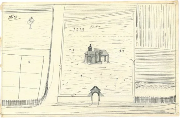 Plan des Friedhofs aus dem Pfarrbericht der katholischen Pfarrei Steinbach von 1824 (StadtA Schwäb. Hall Z01/A0034, Beil. 8)