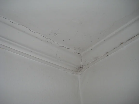 Stuckrand der Decke im Zimmer in der Nordwestecke des Obergeschosses, Januar 2008. Foto: Daniel Stihler (StadtA Schwäb. Hall FS 46301)