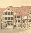 Die beiden Häuser, auf deren Grundstück  das heutige Gebäude Bahnhofstraße 8 steht, vor dem Abbruch des Riedener Tores 1824. Zeichnung von Peter Koch nach einer  älteren Vorlage, 1878 (StadtA SHA S10/339)