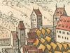 Ausschnitt aus der Stadtansicht von Matthäus Merian nach Leonhard Kern, 1643. Der Torturm des äußeren Tores ist in der Bildmitte erkennbar, rechts daneben der direkt neben dem Neubau stehende „Folterturm“ bzw. „Neue Turm“ (StadtA Schwäb. Hall S10/0508)