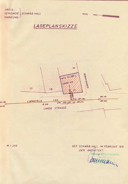 Lageplan zum Anschluss des Hauses an die städtische Kanalisation, 1961 (Baurechtsamt, Bauakten Lange Straße 21)