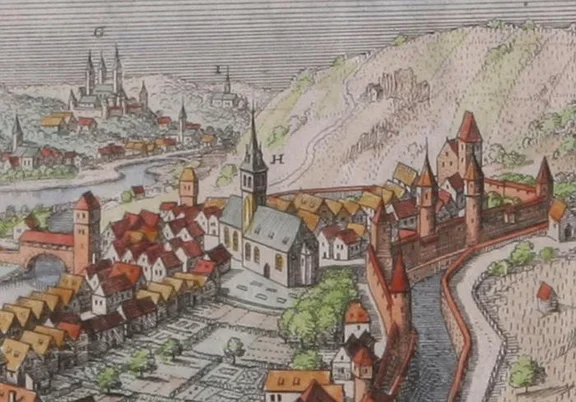 Ausschnitt aus der Stadtansicht von Matthäus Merian nach Vorlage von Leonhard Kern, 1643 (StadtA SHA S10/506)