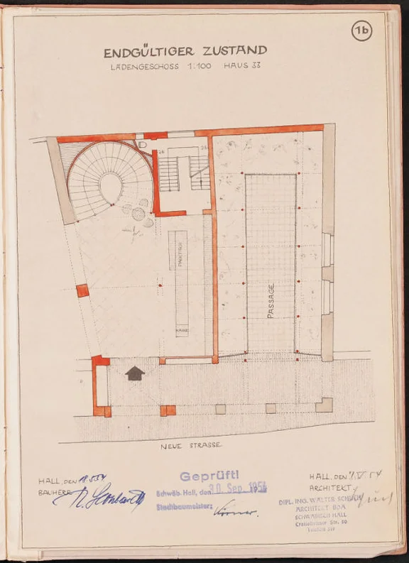 Umbau von 1954/55. Erdgeschoss nach dem Umbau (Stadt Schwäb. Hall, Baurechtsamt, Bauakten Neue Straße 29-33)