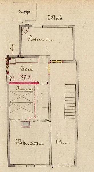 Grundriss des ''Ersten Stocks'' (tatsächlich wohl Erdgeschoss) zum Einbau einer neuen Küche, 1875 (Baurechtsamt Schwäb. Hall, Bauakten)
