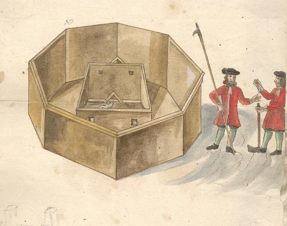 Der Haalbrunnen in der Konstruktion von 1590, rechts davon zwei Floßknechte mit Flößerhaken und Axt (StadtA Schwäb. Hall 4/1036)
