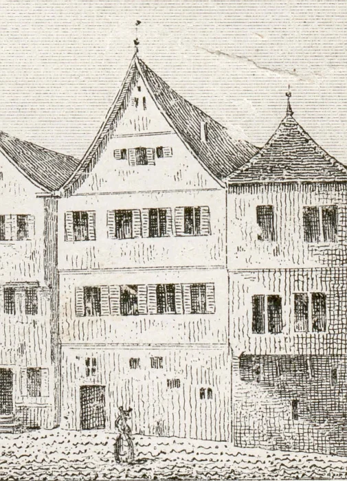Ausschnitt aus einer Mitgliedskarte der Turngemeinde Hall von 1846 (rechtes Haus) (Archiv der TSG Schwäbisch Hall e.V. / Dauerleihgabe im Hällisch-Fränkischen Museum)