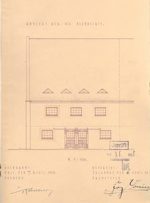 Ansicht der Fassade zur Blendstatt hin, für den Einbau einer Garage durch Robert Ost, 1928 (StadtA SHA 27/0012)