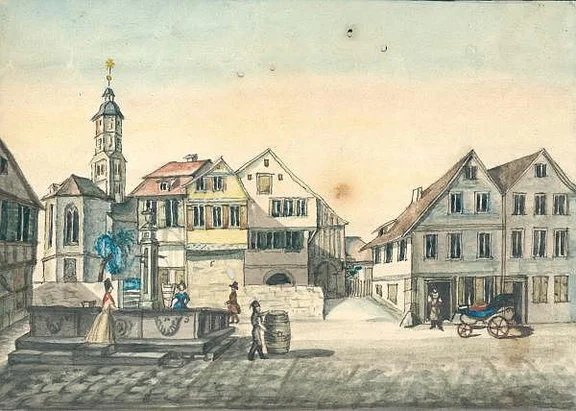 Das Haus Lange Straße 36 ist das zweite von rechts, die Baugruppe rechts davon wurde vor dem Bau der Katharinenstraße abgerissen. Kolorierte Zeichnung aus der 1. Hälfte des 19. Jahrhunderts (StadtA Schwäb. Hall S10/0245)