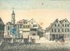 Das Haus Lange Straße 36 ist das zweite von rechts, die Baugruppe rechts davon wurde vor dem Bau der Katharinenstraße abgerissen. Kolorierte Zeichnung aus der 1. Hälfte des 19. Jahrhunderts (StadtA Schwäb. Hall S10/0245)