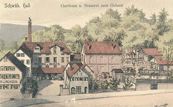 Kolorierte Ansichtskarte um 1910 mit den Brauereigebäuden und dem Biergarten  (StadtA SHA PK 00496)