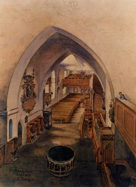 Der Innenraum von St. Katharina vor der Erstellung des Neubaus, Juli 1893. Gemälde von J. Berger (StadtA Schwäb. Hall FS 14769)